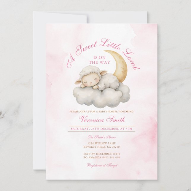 Invitation Rose pâle Un petit baby shower d'agneau (Devant)