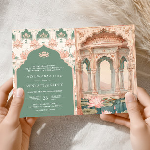 Invitation Rose Pâle Vert Pastel Étang de Lotus Mariage Indie