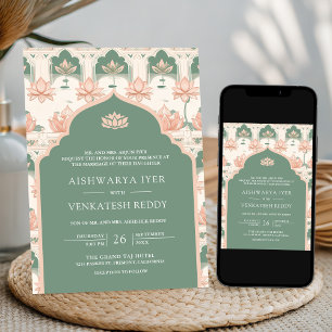 Invitation Rose Pâle Vert Pastel Étang de Lotus Mariage Indie