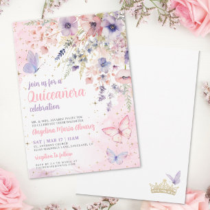 Invitation Rose Pâle Violet Floral Papillon Robe de Quinceañe