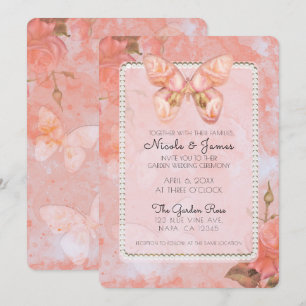 Invitation Rose papillon vintage rose corail élégant mariage