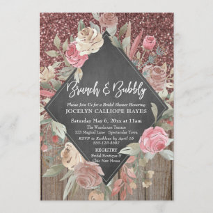 Invitation Rose Parties scintillant Bois Floral Chalboard Bru