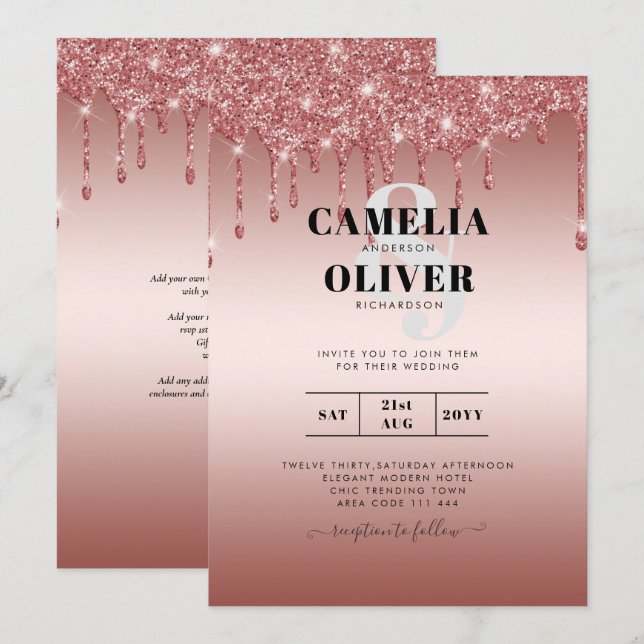 Invitation Rose Parties scintillant de goutte d'or Mariage mo (Devant / Derrière)