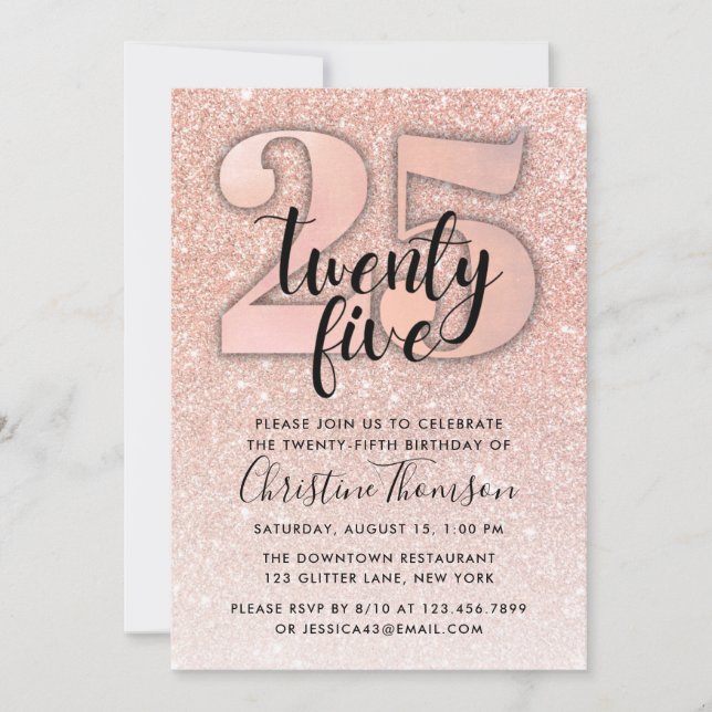 Invitation Rose Parties scintillant d'or 25e anniversaire Inv (Devant)