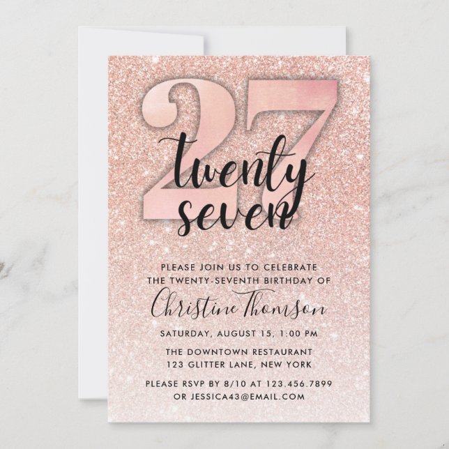 Invitation Rose Parties scintillant d'or 27e anniversaire Inv (Devant)