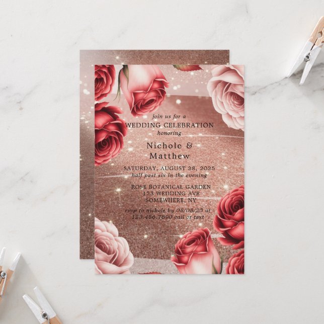 Invitation Rose Parties scintillant d'or et Roses rouges Mari (Devant/Arrière en situation)