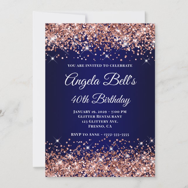 Invitation Rose Parties scintillant d'or Marine Monogramme bl (Devant)