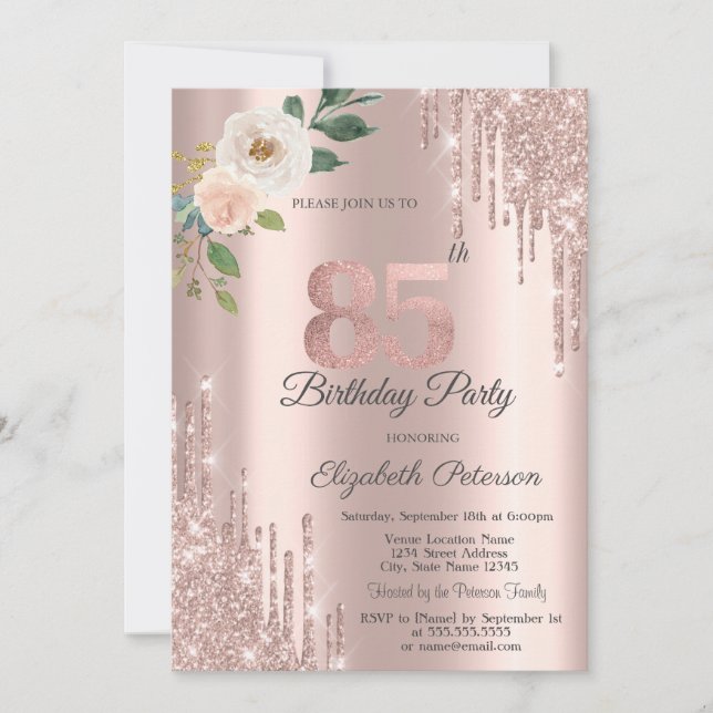 Invitation Rose Parties scintillant Drips Rose Gold 85e anniv (Devant)