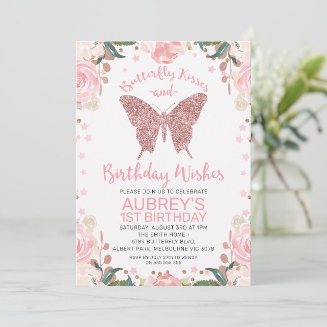 Invitation Rose Parties scintillant or Bisous papillon voeux  (Debout devant)