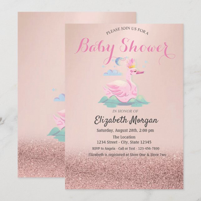Invitation Rose Parties scintillant or Bokeh, Baby shower cyg (Devant / Derrière)