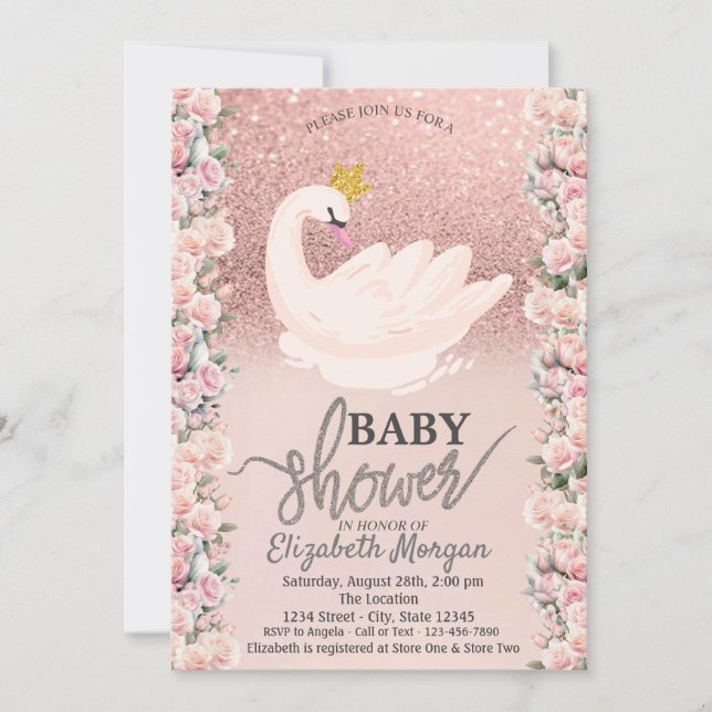 Invitation Rose Parties scintillant or Bokeh, Baby shower Ros (Devant)