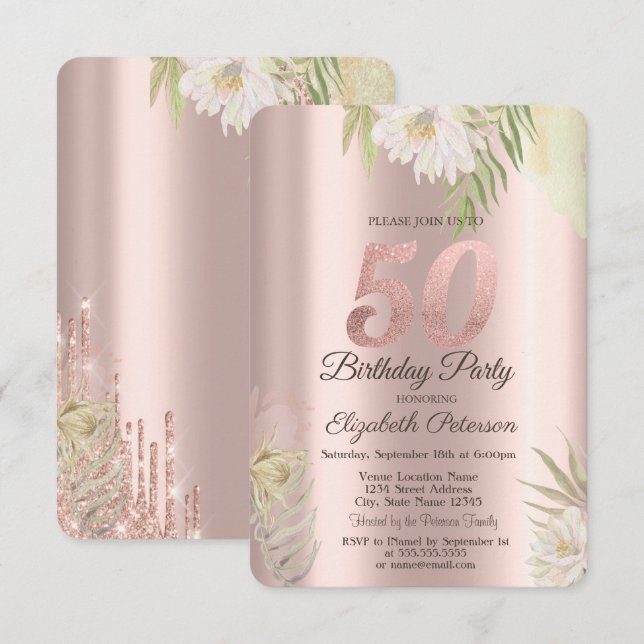 Invitation Rose Parties scintillant or Drips Boho Flowers 50e (Devant / Derrière)