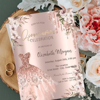 Invitation Rose Parties scintillant or Drives Fleurs de robe 