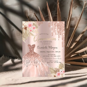 Invitation Rose Parties scintillant or Drives Fleurs de robe 