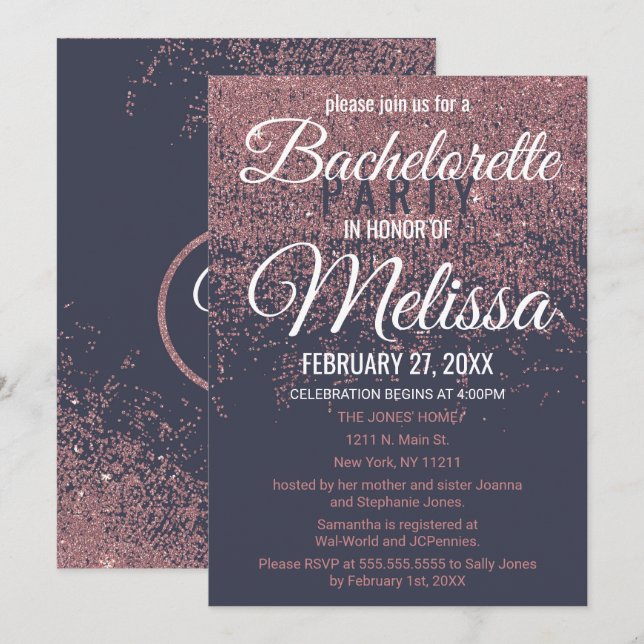 Invitation Rose Parties scintillant or éclabousser Marine Bac (Devant / Derrière)