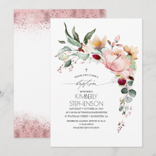 Invitation Rose Parties scintillant or Élégant Baptême floral
