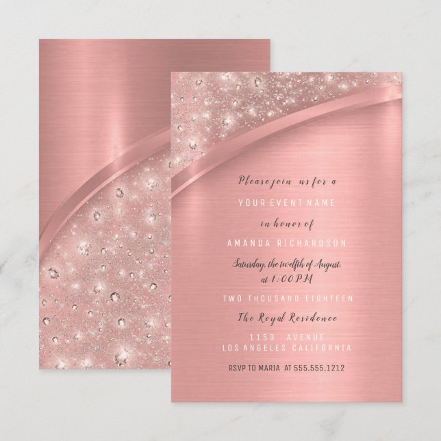 Invitation Rose Parties scintillant or Fête des mariées Anniv (Devant / Derrière)