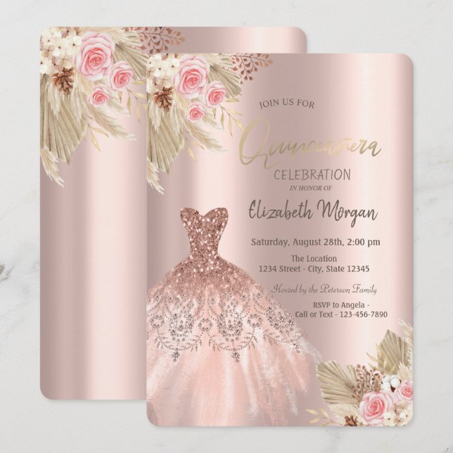 Invitation Rose Parties scintillant or Fleurs Robe Quinceañer (Devant / Derrière)