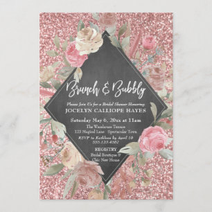 Invitation Rose Parties scintillant or Floral Chalkboard Brun