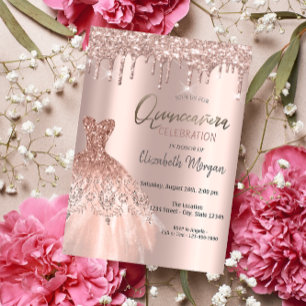 Invitation Rose Parties scintillant or gouttes élégante robe 