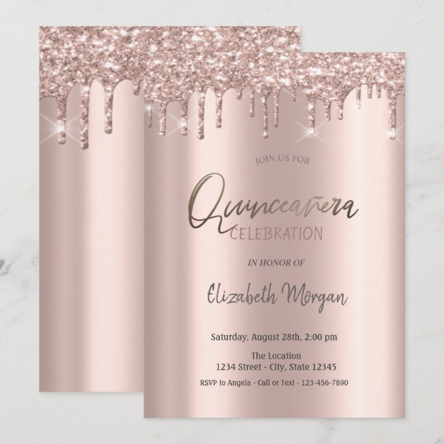 Invitation Rose Parties scintillant or  gouttes Quinceanera (Devant / Derrière)
