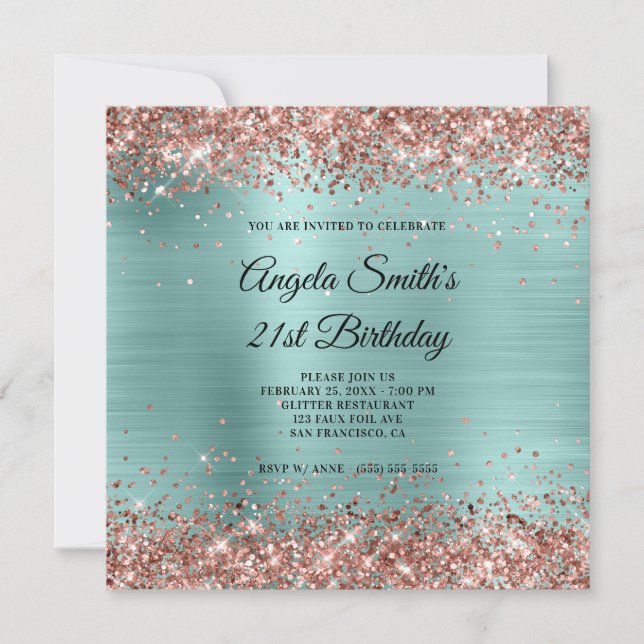 Invitation Rose Parties scintillant or Pale Turquoise Monogra (Devant)