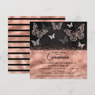 Invitation Rose Parties scintillant or papillon moderne Quinc