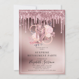 Invitation Rose Parties scintillant or  retraite surprise