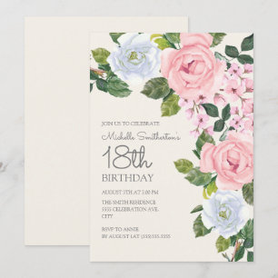 Invitation Rose pastel et blanc Fleurs Femme 18e Anniversaire