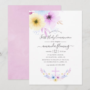 Invitation Rose pastel et floral bleu pour la première commun