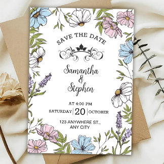 Invitation Rose pastel et vert et bleu Save The Date 