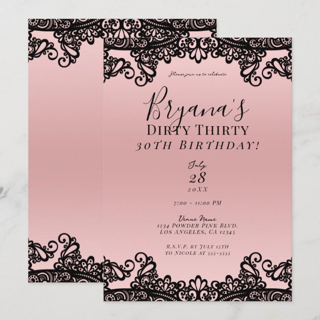 Invitation Rose Peach Black Lace Dirty 30 30e anniversaire (Devant / Derrière)