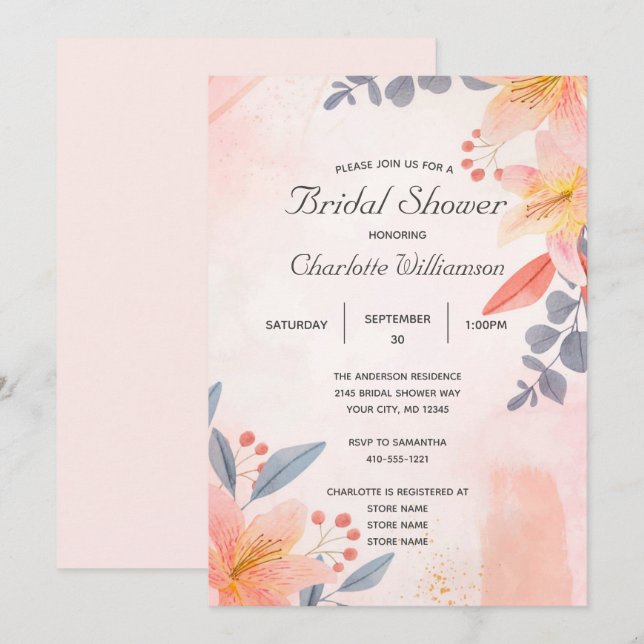 Invitation Rose Peach Blue Coral Fête des mariées florale (Devant / Derrière)