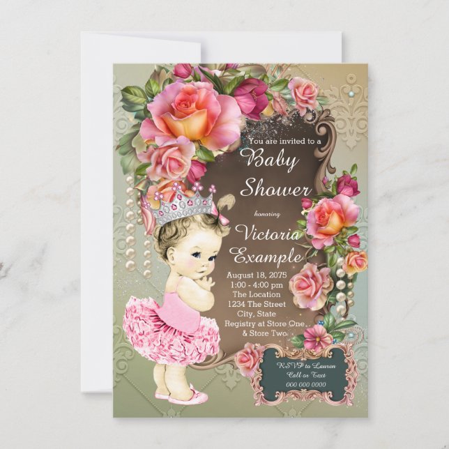Invitation Rose Pearl Tutu Princess Baby shower (Devant)