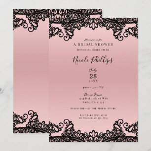 Invitation Rose Pêche Noir Encre Dentelle Élégant Baby Shower