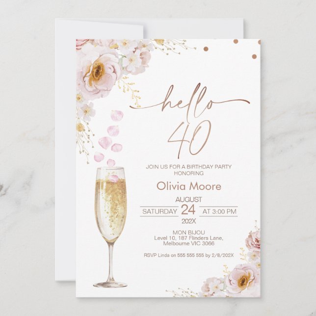 Invitation Rose Pétales Champagne Verre Bonjour 40 Anniversai (Devant)