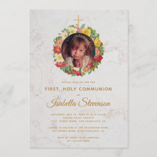 Invitation Rose photo Girl First Communion en marbre de couro