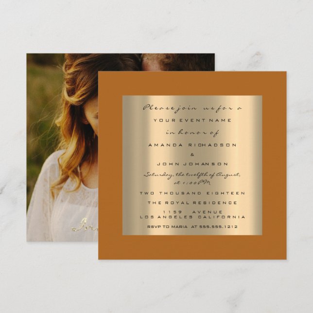 Invitation Rose photo Mariage Fiançailles Faux Gold Orange (Devant / Derrière)