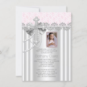 Invitation Rose Photo Première Communion Lace Cross