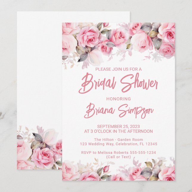 Invitation Rose Pink Floral Bridal Shower  (Devant / Derrière)