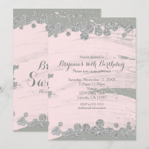 Invitation Rose poudré argenté et gris paillettes points glam