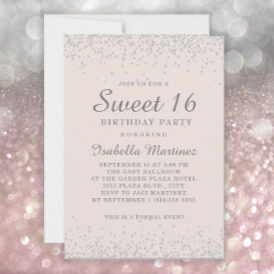 Invitation Rose poudré élégant avec paillettes argentées pour