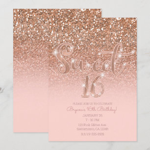 Invitation Rose Poudré Moderne Glamour Pailleté Douce 16