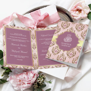 Invitation Rose Poudré Or Violet Damassé Mariage Musulman Rét