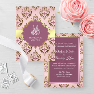 Invitation Rose Poudré Or Violet Damassé Mariage Musulman Rét