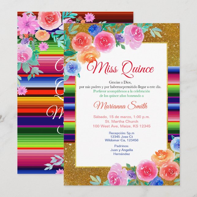 Invitation rose pour les 16 ans de la Miss mexicai (Devant / Derrière)