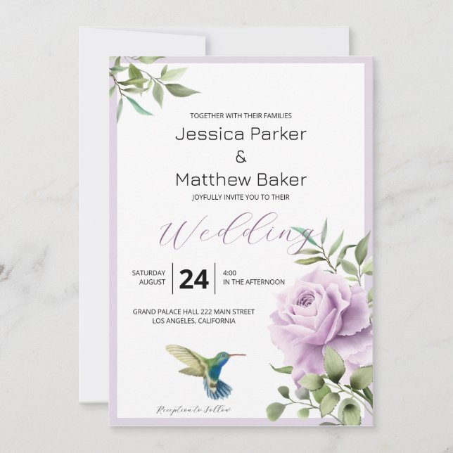 Invitation Rose pourpre et Mariage colibri (Devant)