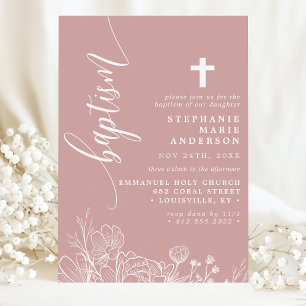 Invitation Rose Poussiéreuse Blanc Floral Élégant Script Bapt