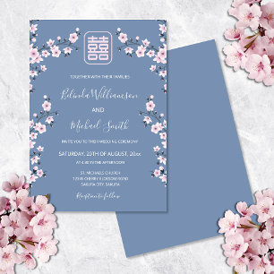 Invitation Rose Poussiéreuse Fleur Bleue   Mariage Chinois