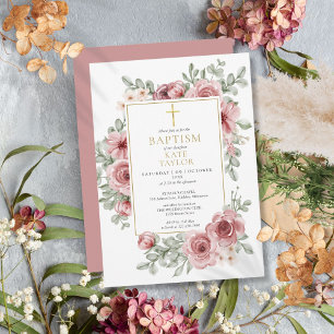 Invitation Rose Poussiéreuse Floral Or Baptême Christening